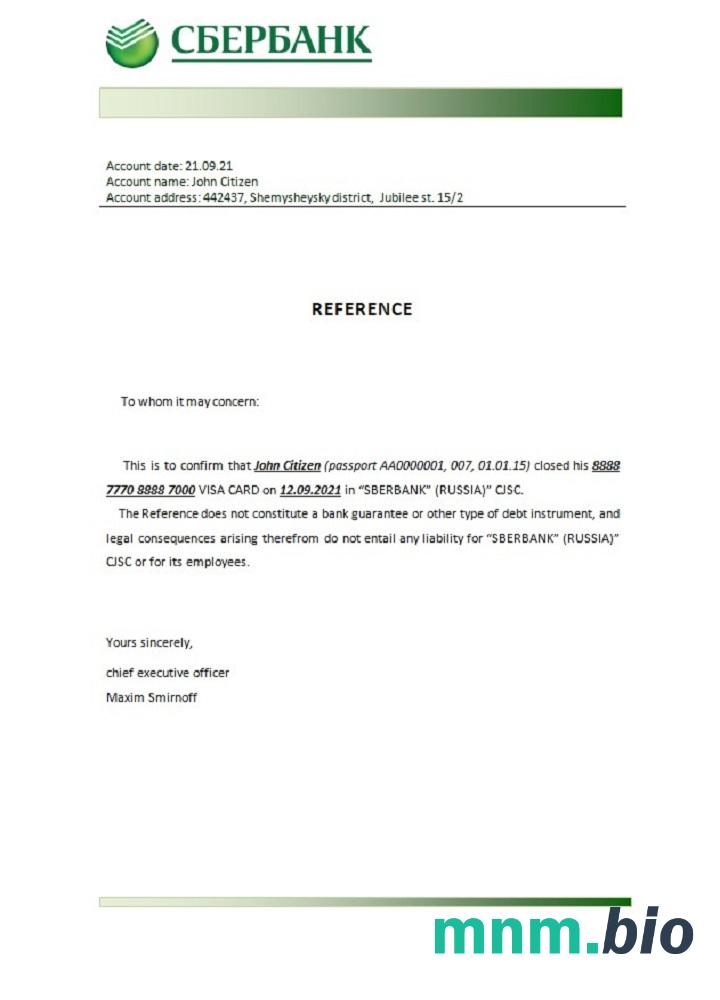 Rosja Sberbank zamknięcie przykład odniesienia w formatach Word i PDF